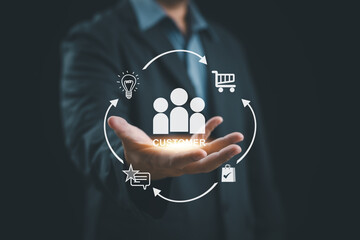 Customer journey concept with connected touchpoints showing engagement cycle, purchase process, and relationship management, representing marketing strategy, customer lifecycle, experience optimizatio