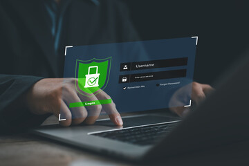Secure login interface with shield icon on digital screen, showing user authentication, password protection, and cybersecurity concept for online access, data safety, and secure system management.
