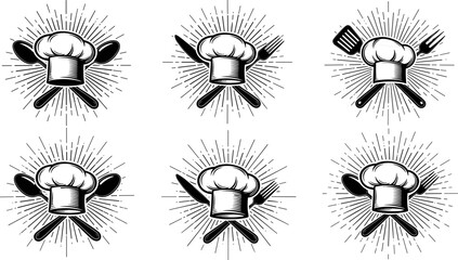Chef hat utensil icons, black kitchen emblem set, cooking symbol vector, culinary branding graphics, restaurant logo elements, food identity design