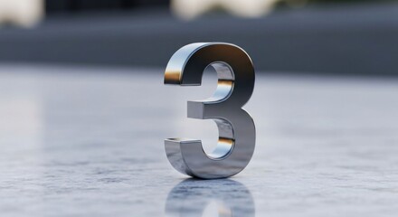 Polished chrome number three rests on a reflective surface