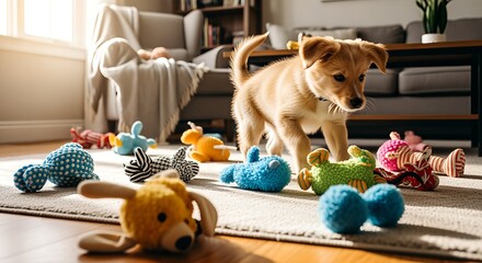 Fototapeta na wymiar Adorable puppy playing with colorful toys on living room floor