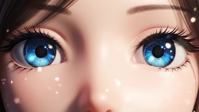 A close-up anime portrait of a girl's expressive blue eyes with sparkles around her face