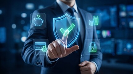 Businessman interacting with digital security shield and icons