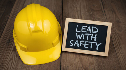 Yellow Hard Hat and Chalkboard Message Emphasizing Safety in Construction Leadership