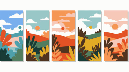 Fototapeta premium Vibrant Abstract Landscape Illustrations: Hills, Sun, and Plants in a Dreamy Artistic Style.