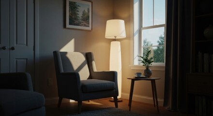 Serene living room, warm lamplight illuminating a comfy armchair by a window, soft shadows on the wall and floor, quiet evening ambiance