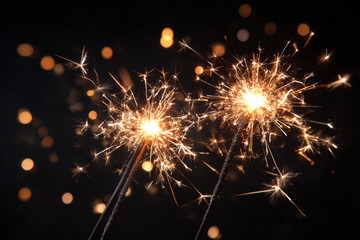 Obraz premium two sparklers glow brightly in the dark with blurred warm bokeh lights behind