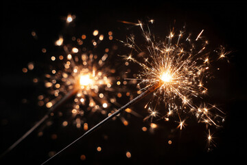 Obraz premium Two sparklers creating a magical light show with bright orange and white sparks against a dark background
