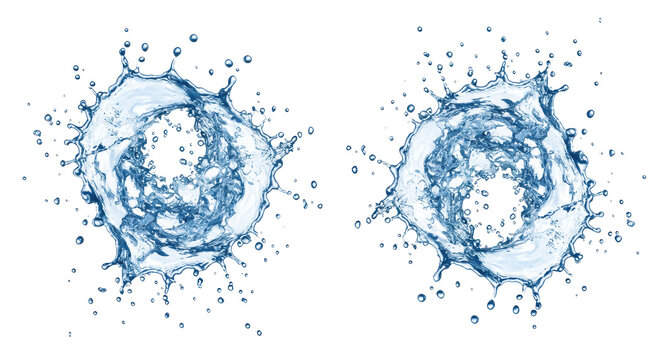 Hyper-photorealistic, extreme macro two sapphire blue liquid splashes, micro-droplets frozen mid-impact on a transparent background, copy space. Luxury beverage advertising concept