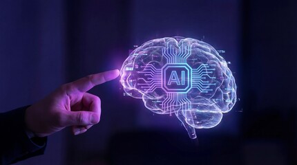 Human hand interacting with futuristic AI brain interface technology