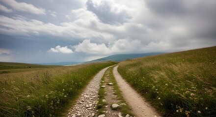 Winding dirt road through green hills under a dramatic cloudy sky.