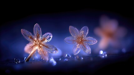Delicate ice flowers shimmer with luminous light against a dark blue background.