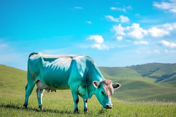 A captivating aqua cow grazing thoughtfully under a bright blue sky, with gentle hills in the background, creating a peaceful and serene rural tableau.