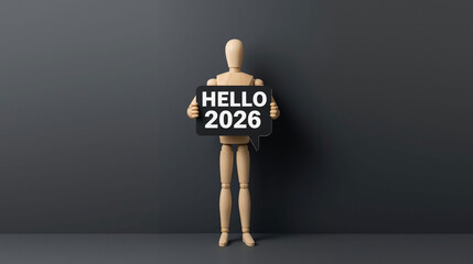 Wooden Mannequin Holding Hello 2026 Sign Symbolizing New Year and Fresh Start