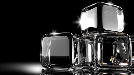 Clear, smooth, polished ice cubes stacked on a dark surface.