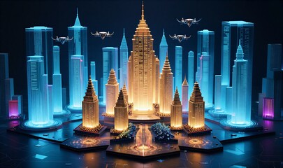 Futuristic cityscape with glowing skyscrapers, flying drones and holographic digital elements.