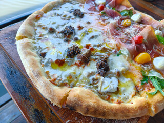 Close up of pizza Truffle and mushroom, Side view of Italian food