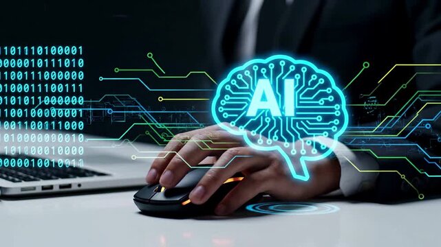 Professional interacting with an AI system, depicted as a brain circuit, managing data and driving digital innovation. Concept of artificial intelligence, machine learning, technology, and future...