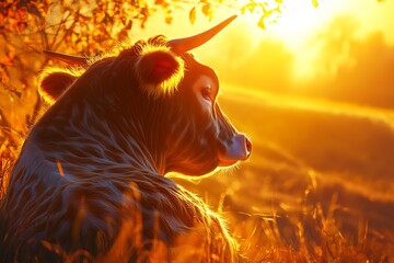 A captivating portrait of a cow basking in golden sunlight during golden hour, its unique fur patterns shining brightly against the backdrop of a vibrant landscape.