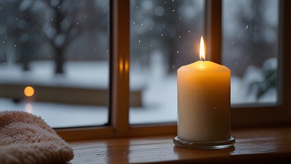 White candle sitting on top of table next to teddy bear and.