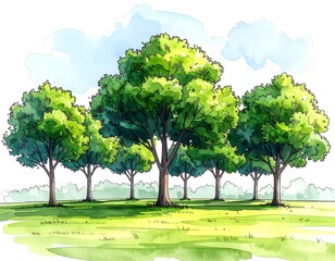 Watercolor depiction of verdant trees under a bright, cloud-filled sky