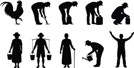 Black rural life silhouettes, vector illustration of farming, water carrying, rooster, elderly figure, agricultural activities, village lifestyle, clipart, icon collection © MdShahadot