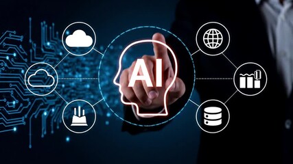 Professional activating an advanced AI system for digital transformation, connecting cloud computing, data management, and global networks to optimize business innovation and technological growth. - Powered by Adobe