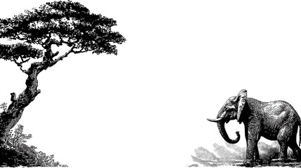 Stylized illustration of an elephant standing near a large tree against a white background