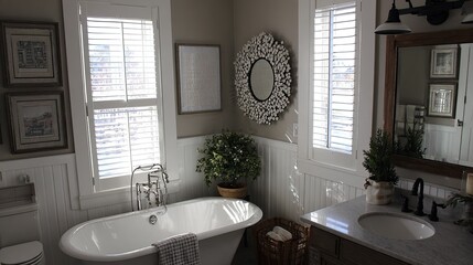 Elegant bathroom with clawfoot tub and decorative mirror.