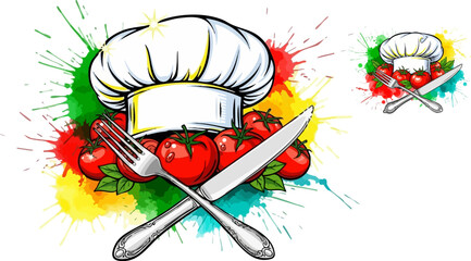 Chef hat tomatoes fork and knife watercolor splash logo design