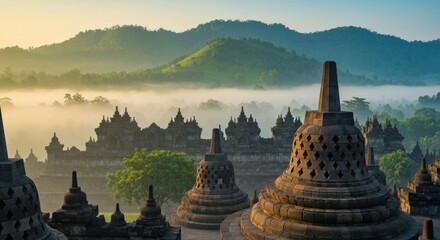 Sunrise mist shrouds ancient stone stupas and temple walls in a verdant valley