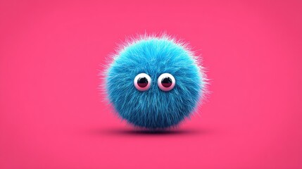 Fluffy blue spherical character with large eyes rests against a bright pink backdrop