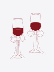 Two elegant wine glasses decorated with ribbon bows. Romantic minimal line illustration for wedding, love, celebration, anniversary, party invitations and festive designs.