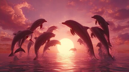 Multiple marine mammals leap high above ocean waves during a vibrant sunset