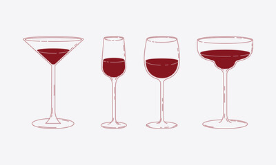 Minimal line art set of wine and cocktail glasses. Simple elegant drink collection for bar menus, alcohol themes, party posters, celebration designs and modern illustrations.