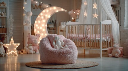 Dreamy nursery with plush toys, crib, and illuminated moon.