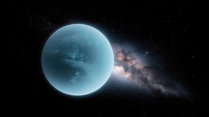 Distant icy world orbits against backdrop of galaxy in deep space