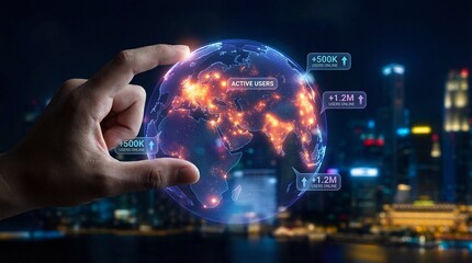 Hand holding digital globe with active users and online statistics