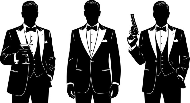 Tuxedo man silhouette set, black formal vector, spy agent illustration, martini gun pose graphics, elegant character design elements