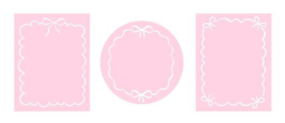 Pink girly cute frame, whimsical round borders set, vector illustrations collection