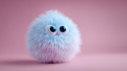 Adorable, fluffy, spherical creature with large eyes rests on a soft pink surface.