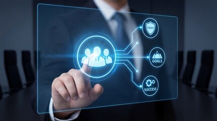 Businessman interacting with digital interface for team success