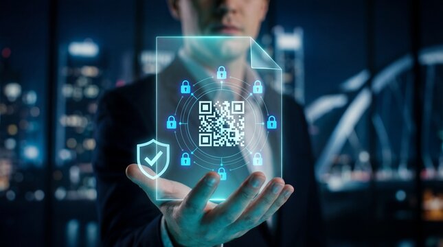 Businessman presenting secure QR code with locks and shield - Powered by Adobe
