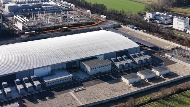 Aerial top view of a large data center facility near Milan, Italy