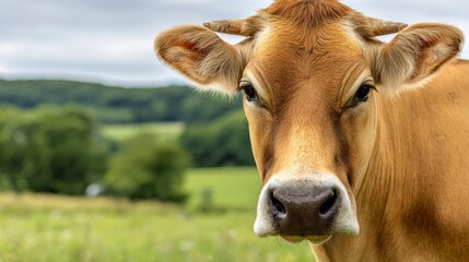 Close up of Limousin cow standing in green farm field, showing livestock agriculture, rural life, animal care and peaceful countryside environment, representing sustainable cattle farming lifestyle