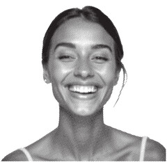 A halftone portrait of a smiling young woman in grayscale showcasing a joyful expression