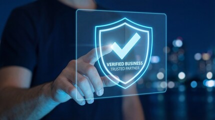 Man interacting with verified business shield icon on transparent screen