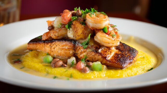 Blackened salmon fillet topped with shrimp and lump crab meat, finished with lemon butter sauce and served with spaghetti squash, elegant restaurant style seafood dinner, gourmet cuisine concept