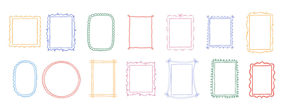 Colorful hand drawn childish frames collection, cute whimsical borders for photo and birthday card