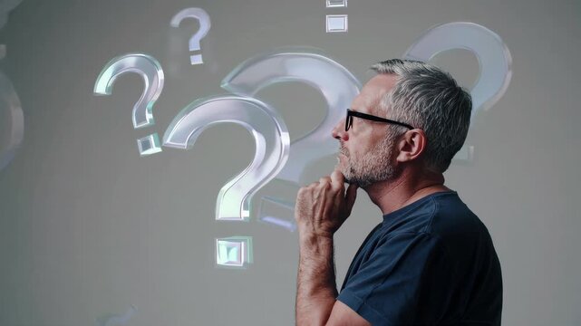 A thoughtful middle-aged man wearing glasses, hand on chin, surrounded by floating question marks, concept of confusion, doubt, brainstorming